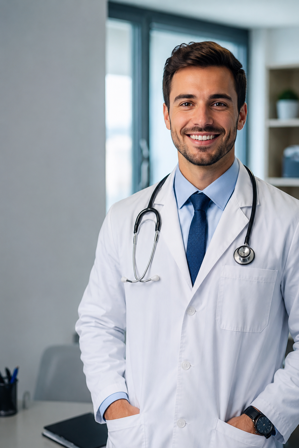 Médico sorrindo em consultório